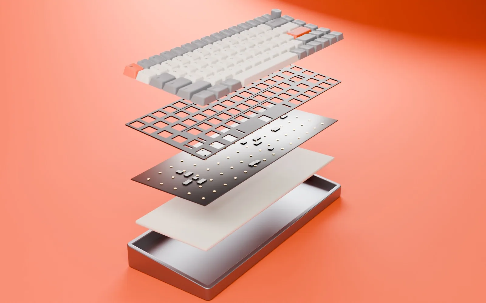 The Kesten 75 taken apart into five floating layers: keycaps, plate, circuit board, foam and the aluminium case.