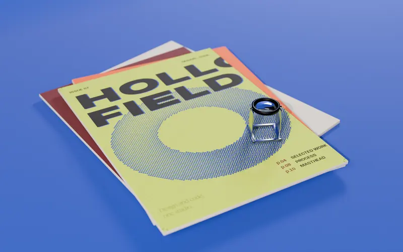 The Hollow Field magazine and a linen tester on a cobalt table.
