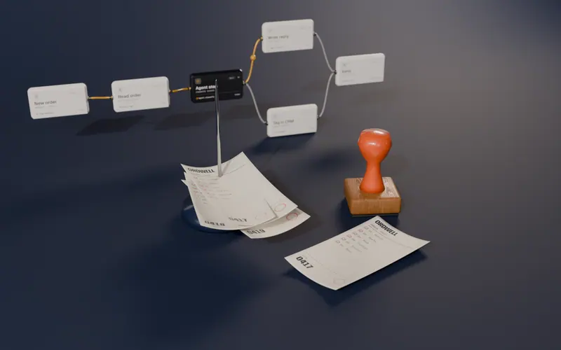 Workflow cards, a receipt spike and a stamp on navy.