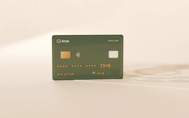 One green card standing on cream paper.
